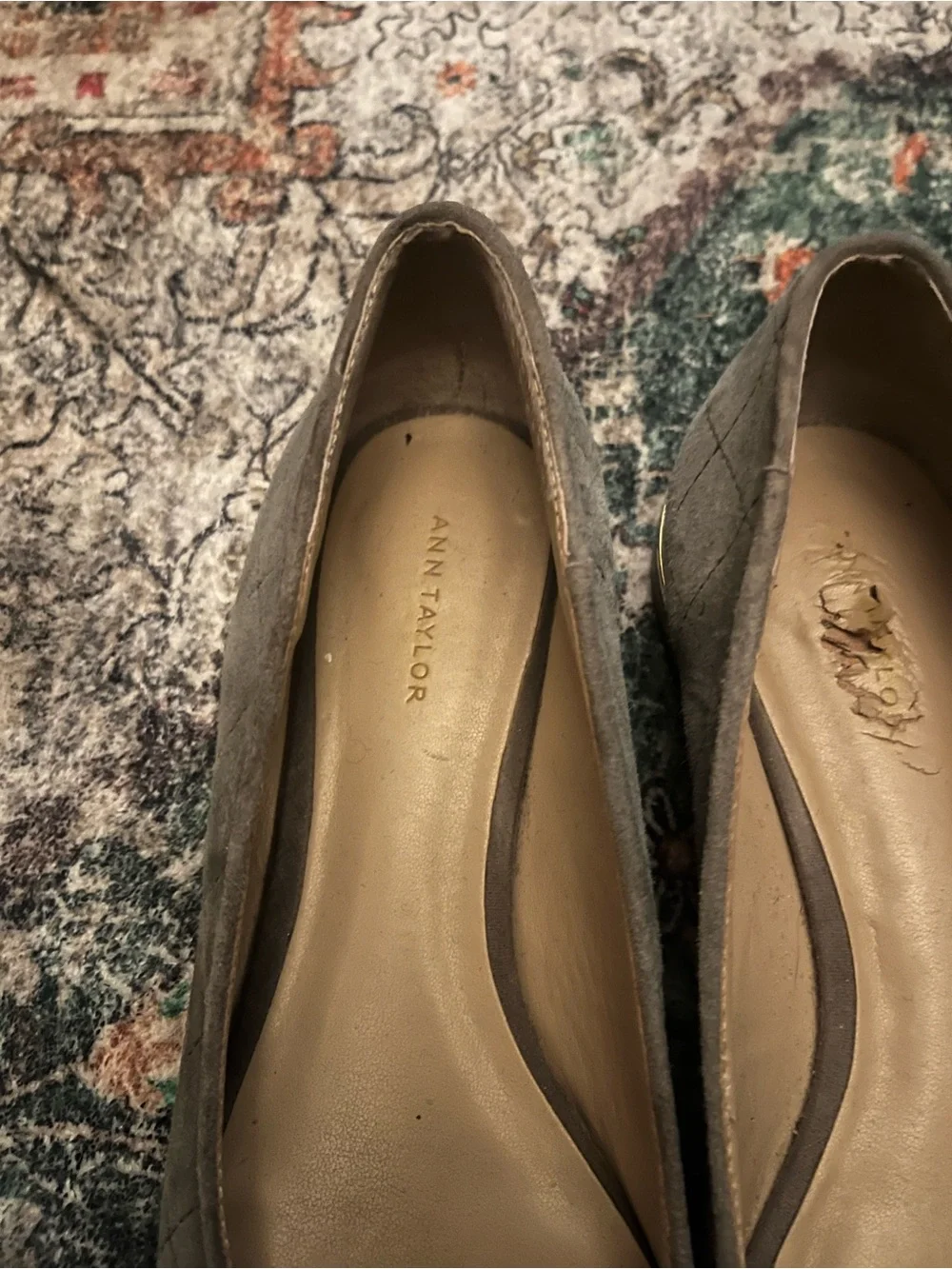 Ann Taylor Quilted Pointed-Toe Suede Flats in Taupe Gray
